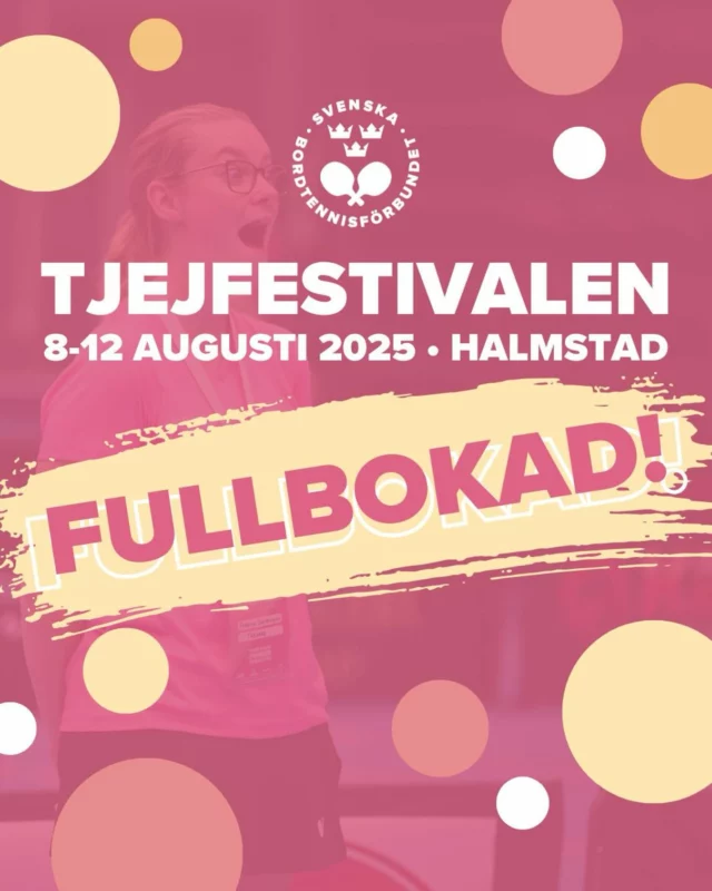 ‼️ FULLBOKAT ‼️
 Wow, ni är otroliga! 🫶 Tjejfestivalen 2025 är nu helt fullbokad – på bara 24 dagar 🎉 160 fantastiska tjejer och kvinnor kommer vara med och skapa en magisk upplevelse i Halmstad den 8-12 augusti! ✨

Men misströsta inte, anmälan är fortfarande öppen – vi har startat en reservlista och kör vidare med först till kvarn-principen. 

#svenskbordtennis #pingisförallaöverallt
