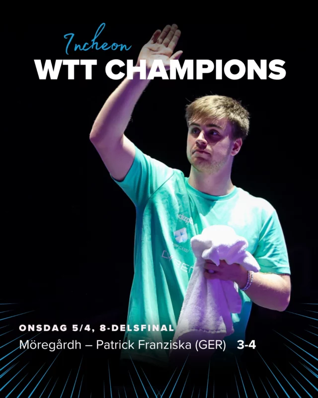 Det är färdigspelat i Incheon för Truls Möregårdh, efter att han idag föll med minsta möjliga marginal i kvartsfinalen. 

Patrick Franziska såg länge ut att vinna matchen komfortabelt, men svensken kämpade sig tillbaka och gjorde en riktigt fin upphämtning, innan han föll på målsnöret. 

✏️ Läs mer på sbtf.se 

‼️ Står fel omgång på bilden. 

#svenskbordtennis #pingisförallaöverallt