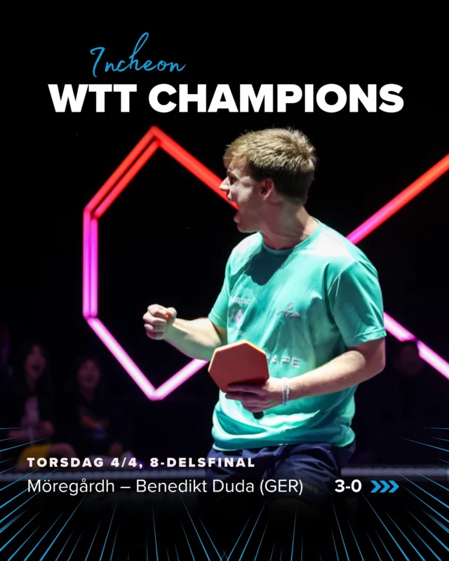 TRULS FRAMME I KVARTSFINAL!🇰🇷

Idag var det dags för Truls Möregårdh att spela åttondelsfinal i WTT Champions Incheon. Efter räddade setbollar i både första och andra set kunde Truls avancera till kvartsfinal genom ännu en strålande insats! 🤩

Kvartsfinal 5/4, 12:45
Truls Möregårdh - Patrick Franziska (GER)

✏️ Läs mer på sbtf.se 
🎥 Matcherna sänds på SVT/SVT Play 

#svenskbordtennis #pingisförallaöverallt